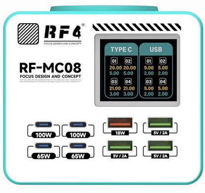 Φορτιστής Σταθμού RF4 RF-MC08, 150W, 5A, 4 x USB-A - 4 x USB-C, Τυρκουάζ