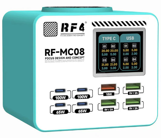 Φορτιστής Σταθμού RF4 RF-MC08, 150W, 5A, 4 x USB-A - 4 x USB-C, Τυρκουάζ