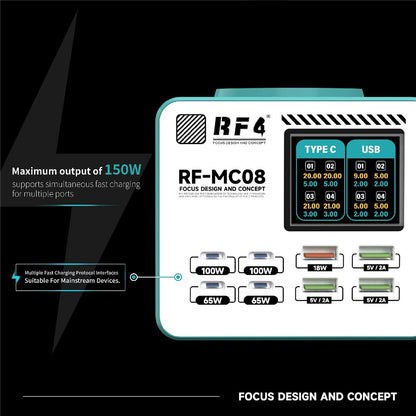 Φορτιστής Σταθμού RF4 RF-MC08, 150W, 5A, 4 x USB-A - 4 x USB-C, Τυρκουάζ