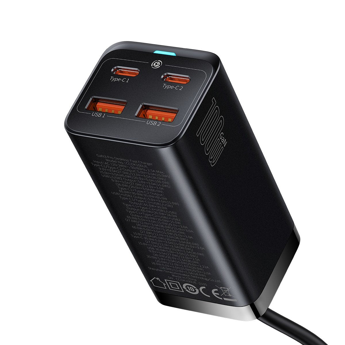 Φορτιστής Σταθμός USB-C Baseus GaN3 Pro, 100W, 5A, 2 x USB-A - 2 x USB-C, Μαύρο, Επανασυσκευασμένο CCGP000101