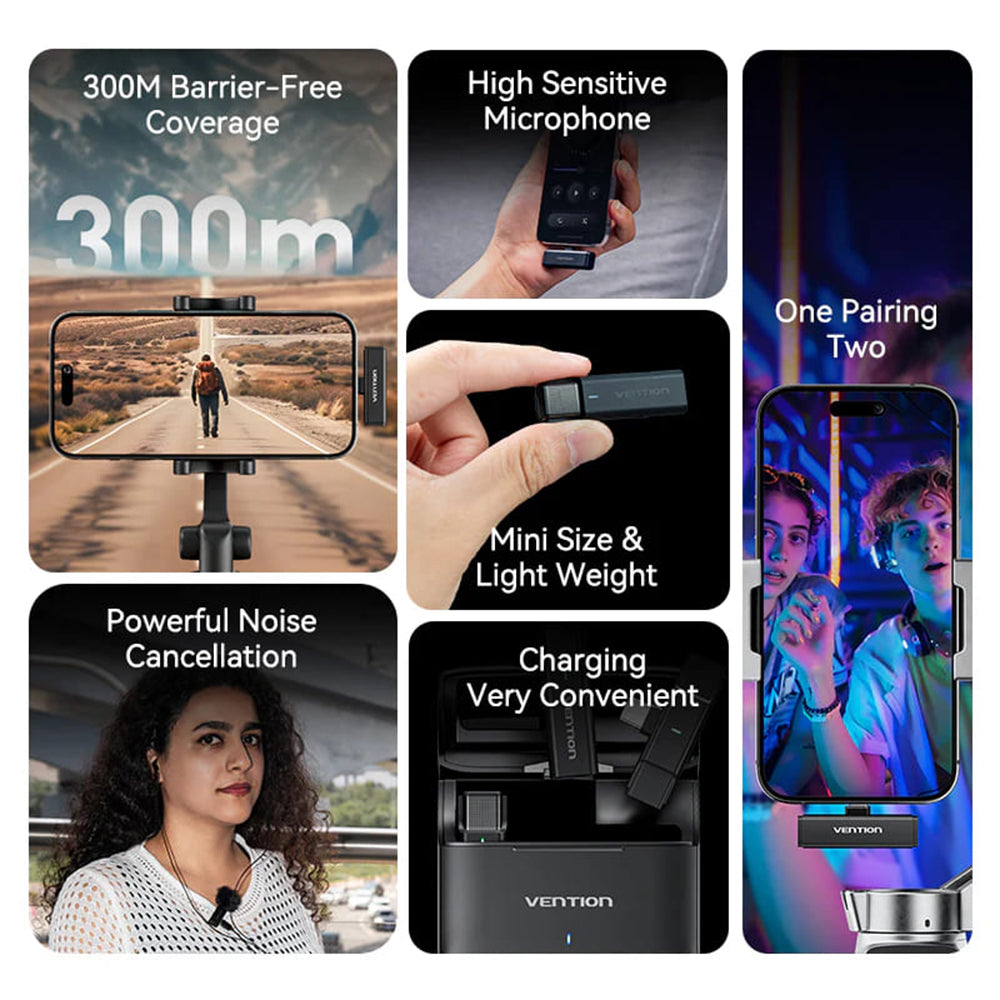 Lavaliera Vention Clip-On, USB-C, Σετ 2 τεμαχίων, Μαύρη