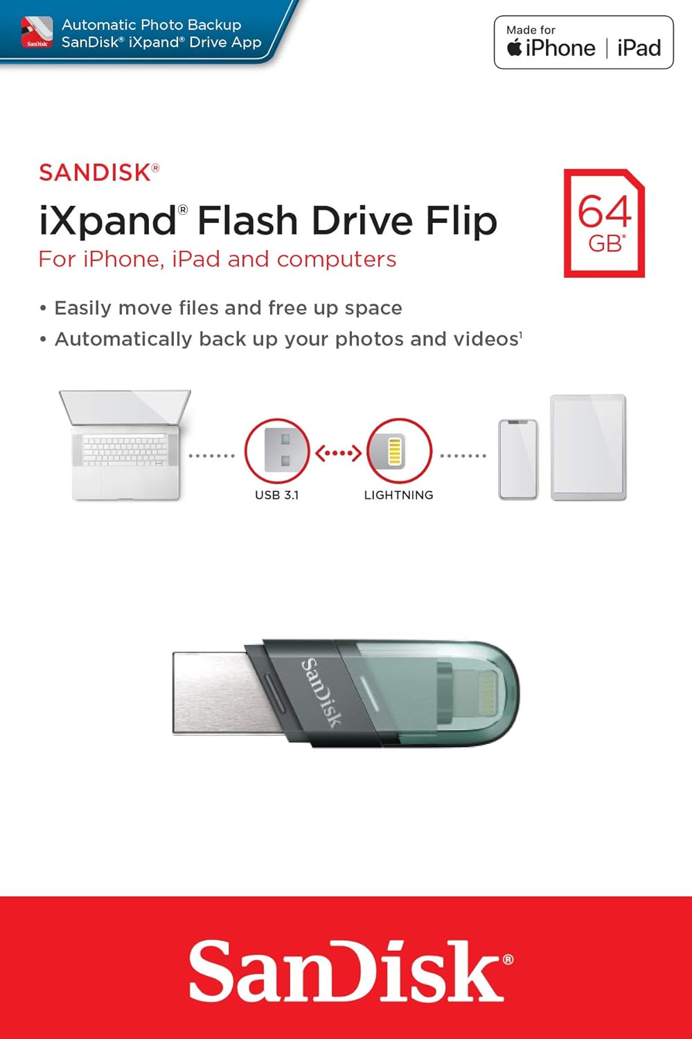 Εξωτερική Μνήμη USB-A 3.1 / Lightning SanDisk iXpand Flip, 64Gb SDIX90N-064G-GN6NN