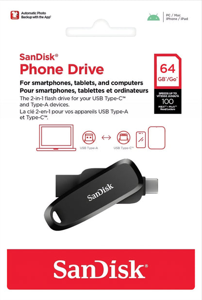SanDisk Phone Drive External Memory USB-A 3.2 / USB-C, 64Gb SDDDC6-064G-G46