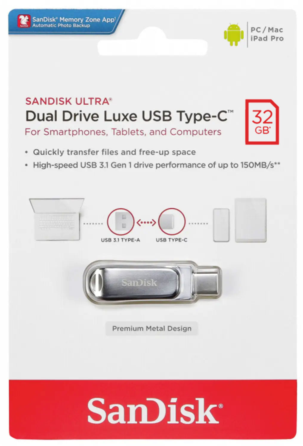 Εξωτερική Μνήμη USB-A 3.2 / USB-C SanDisk Ultra Luxe Dual Drive, 32Gb SDDDC4-032G-G46