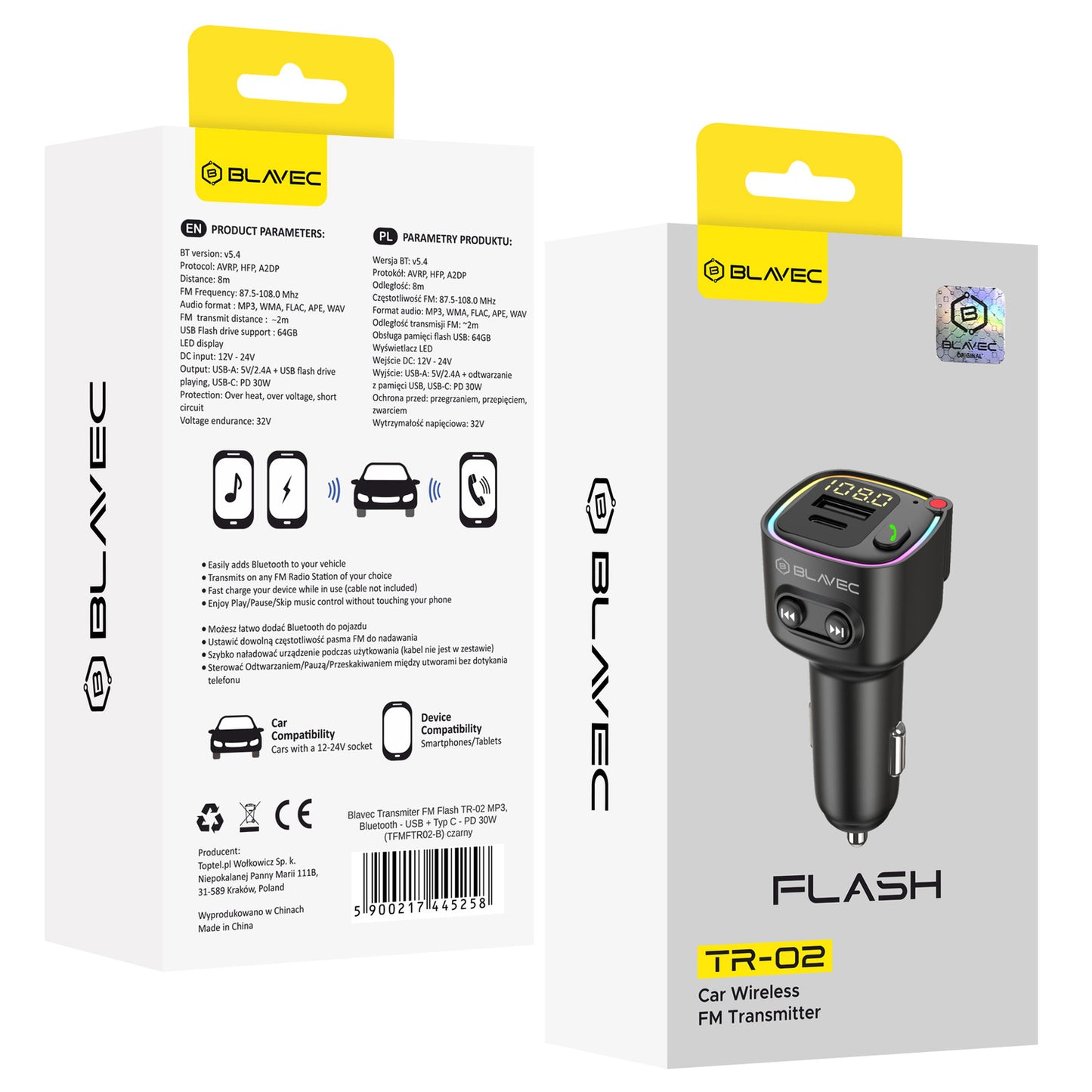 FM Bluetooth Modulator Blavec Flash TR-02, 1 x USB-A - 1 x USB-C