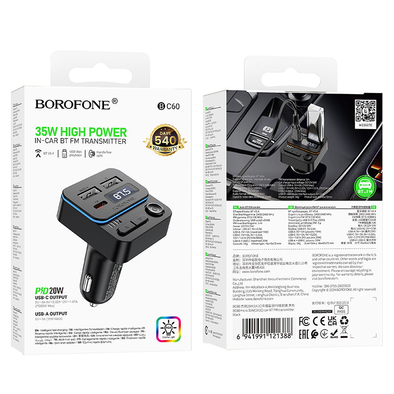 Modulator FM Bluetooth Borofone BC60 Hero, 2 x USB-A - 1 x USB-C