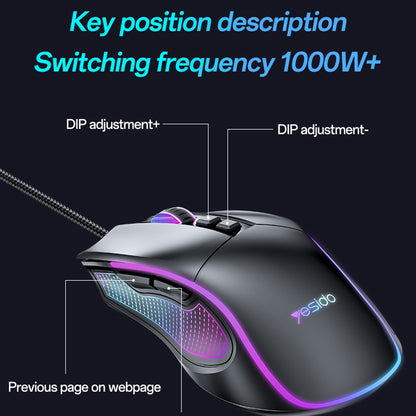 Wired USB Gaming Mouse Yesido KB20, RGB, 1000DPI - 7200DPI, Black