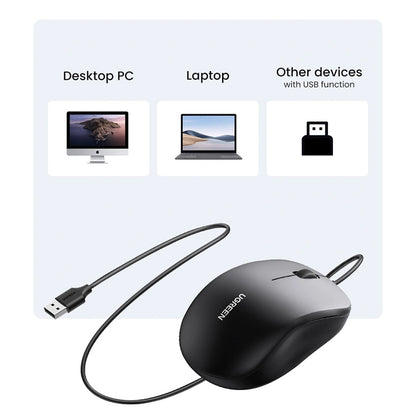 Mouse Wired USB UGREEN MU007, 1200DPI, 1.5m, Μαύρο