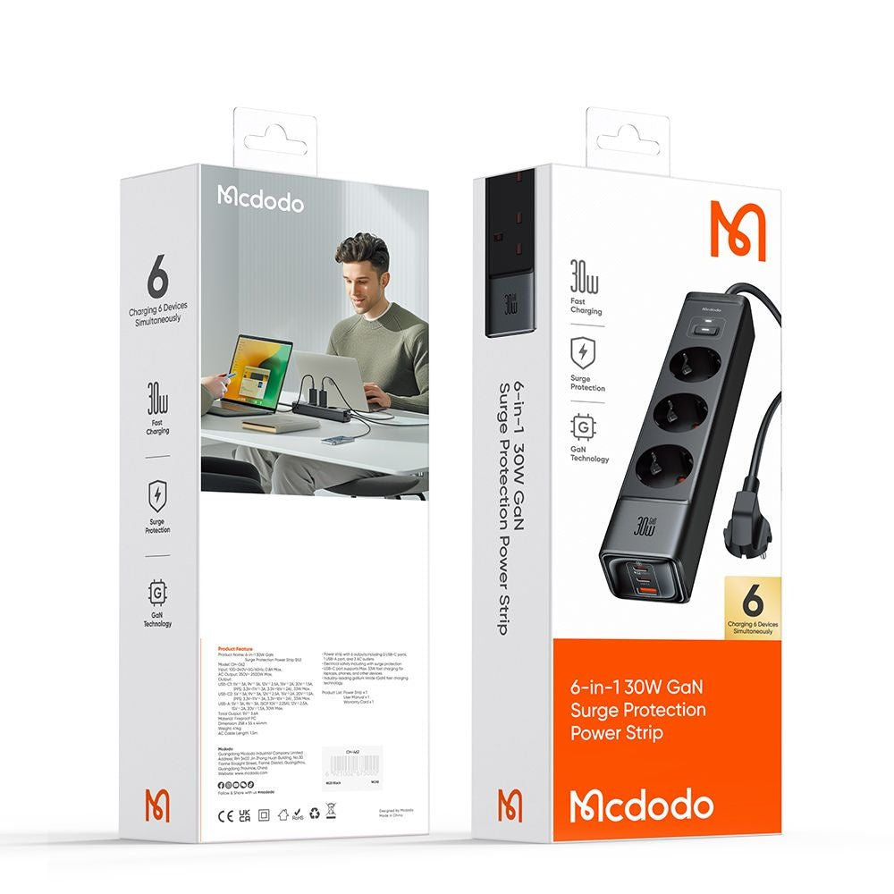 McDodo CH-0620 Extension Cord, 3 x Schuko - 1 x USB-A - 2 x USB-C, Black