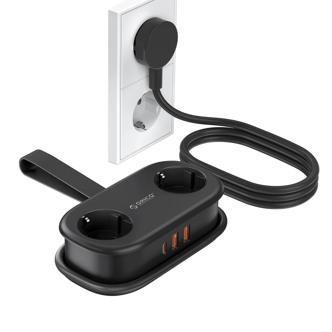 Orico APP Extension Cord, 2 x Schuko - 2 x USB-A - 1 x USB-C, Black