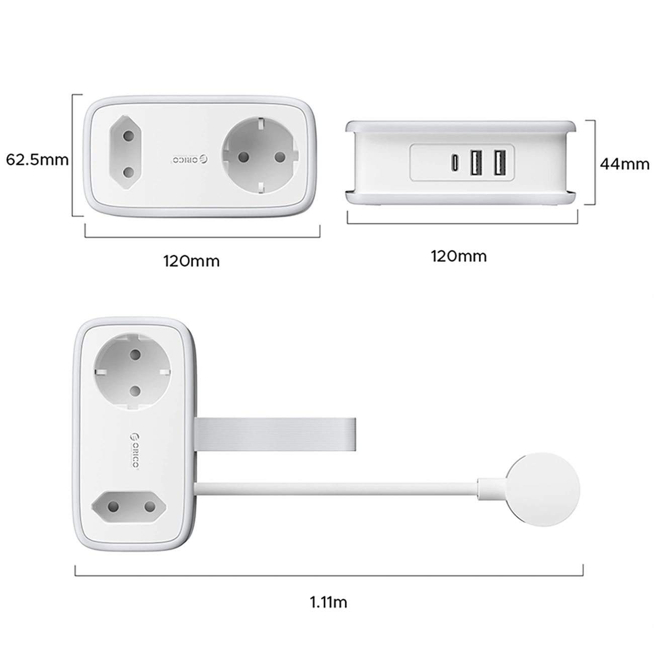 Προέκταση Orico APP, 2 x Schuko - 2 x USB-A - 1 x USB-C, Λευκό Γκρι
