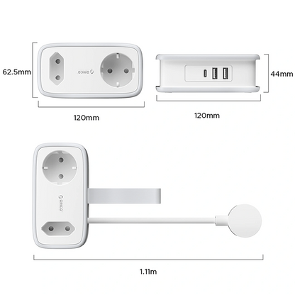 Προέκταση Orico APP, 2 x Schuko - 2 x USB-A - 1 x USB-C, Λευκό Γκρι
