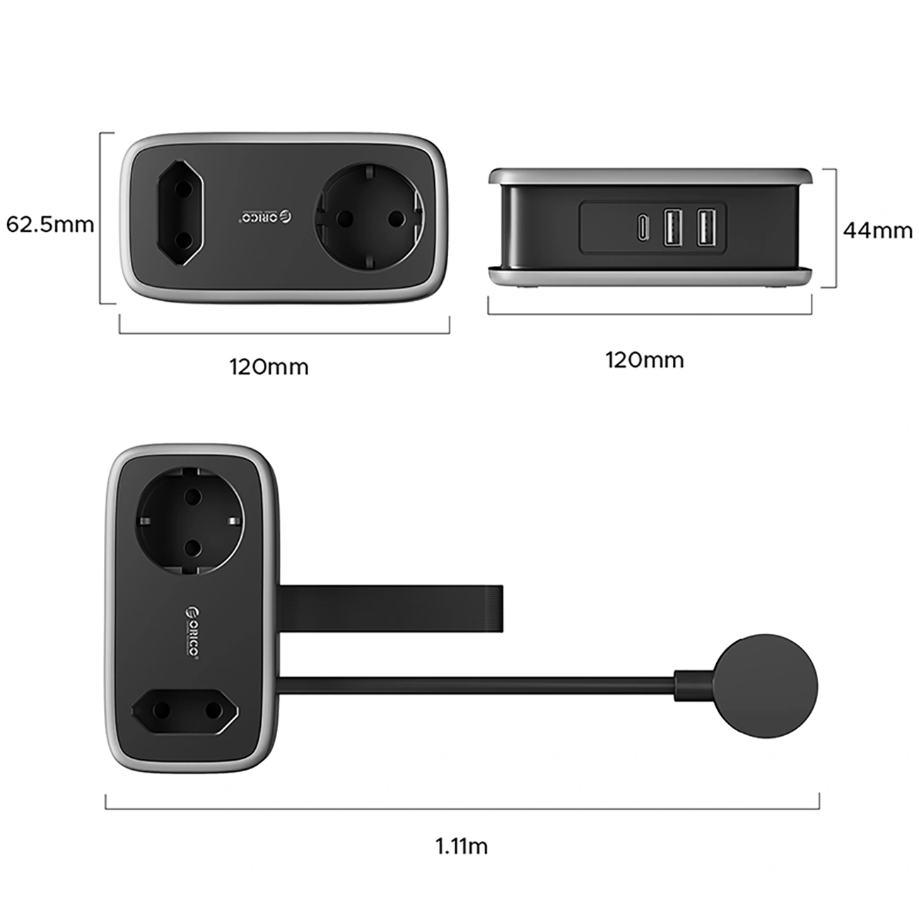 Προέκταση Orico APP, 2 x Schuko - 2 x USB-A - 1 x USB-C, Μαύρο Γκρι