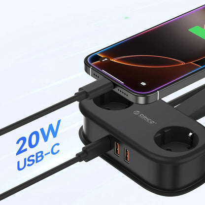 Orico APP Extension Cord, 2 x Schuko - 2 x USB-A - 1 x USB-C, Black