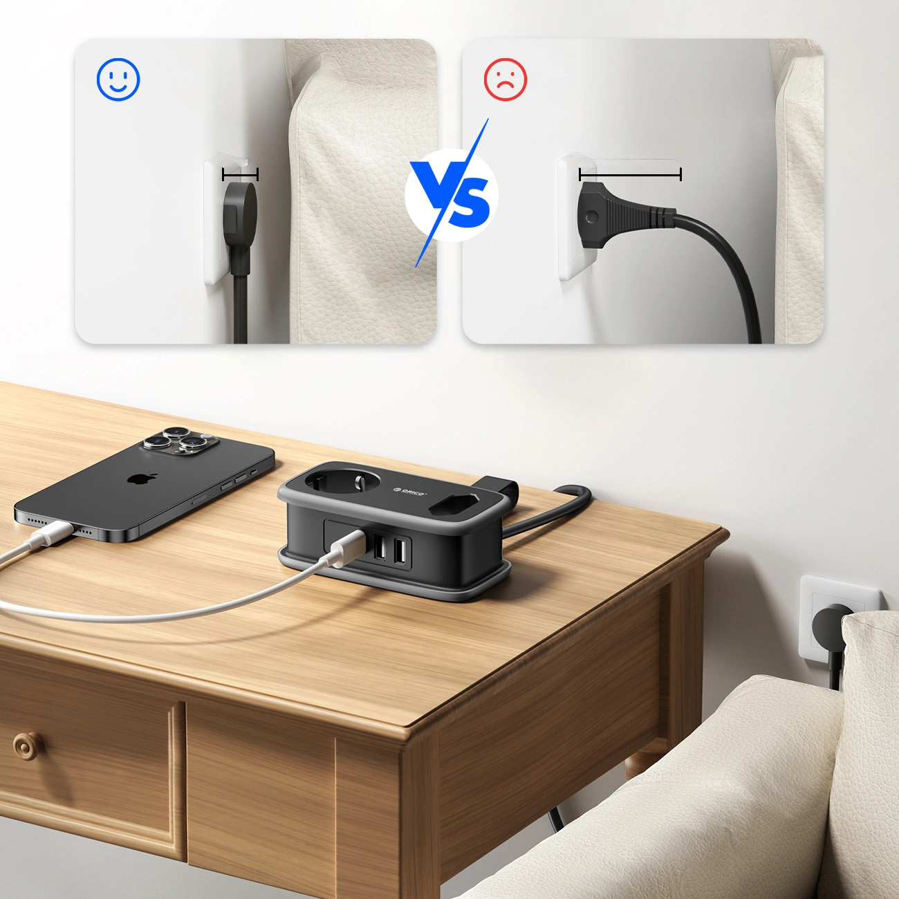 Προέκταση Orico APP, 2 x Schuko - 2 x USB-A - 1 x USB-C, Μαύρο Γκρι