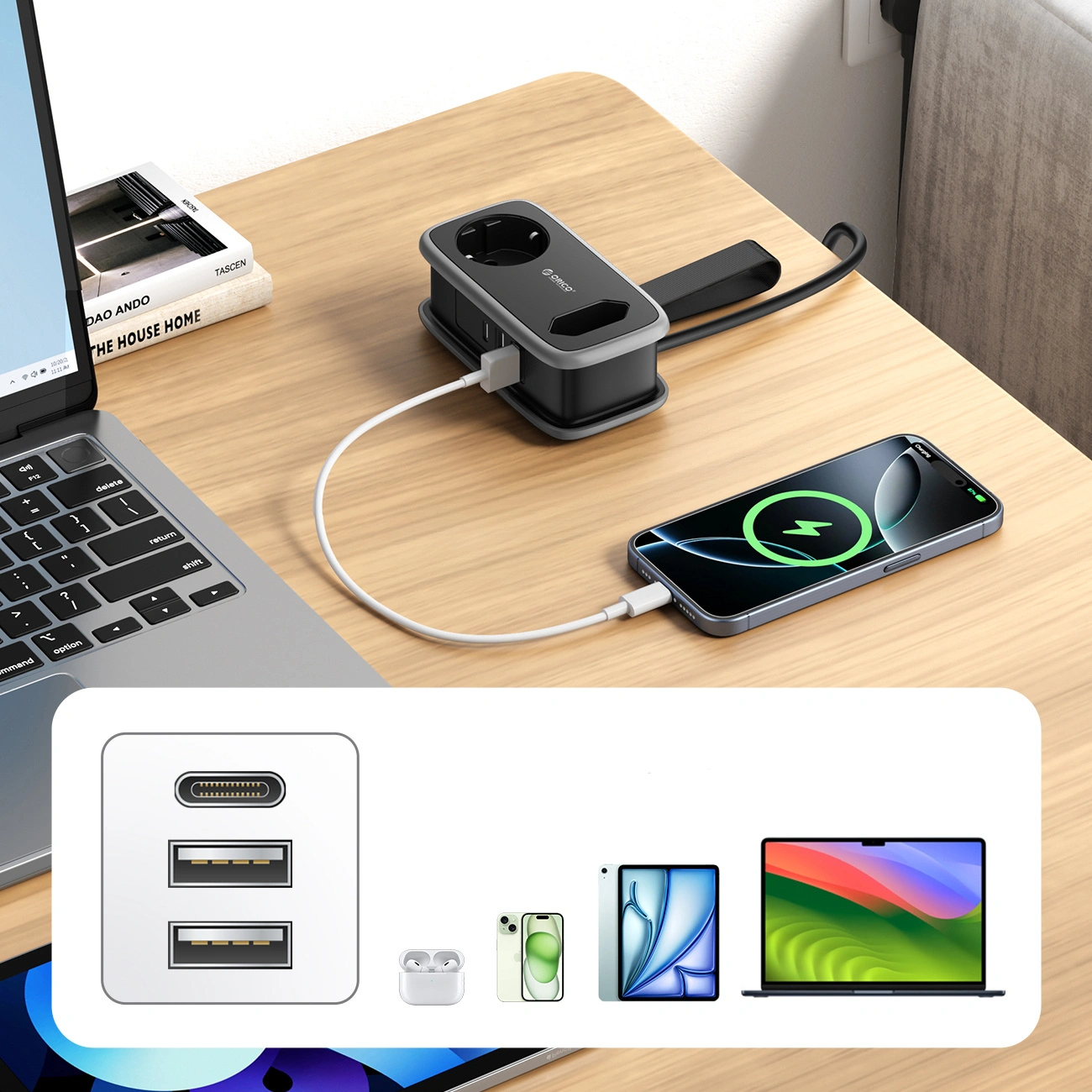 Προέκταση Orico APP, 2 x Schuko - 2 x USB-A - 1 x USB-C, Μαύρο Γκρι