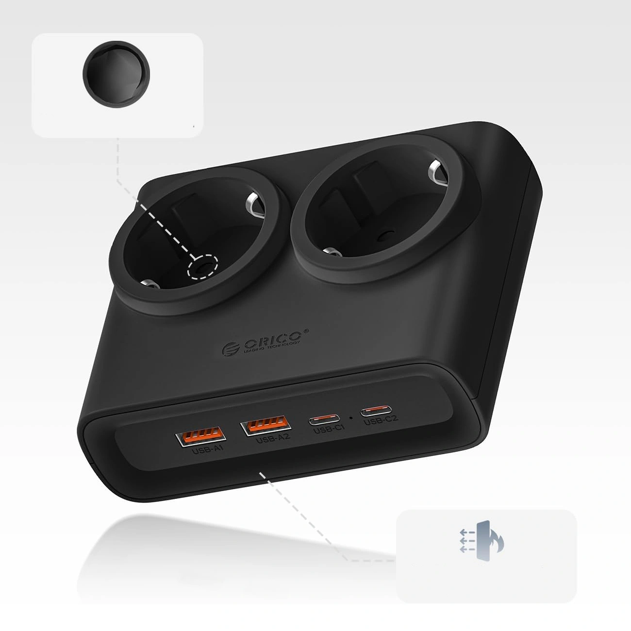 Προέκταση Orico PDC25, 2 x Schuko - 2 x USB-A - 2 x USB-C, Μαύρο