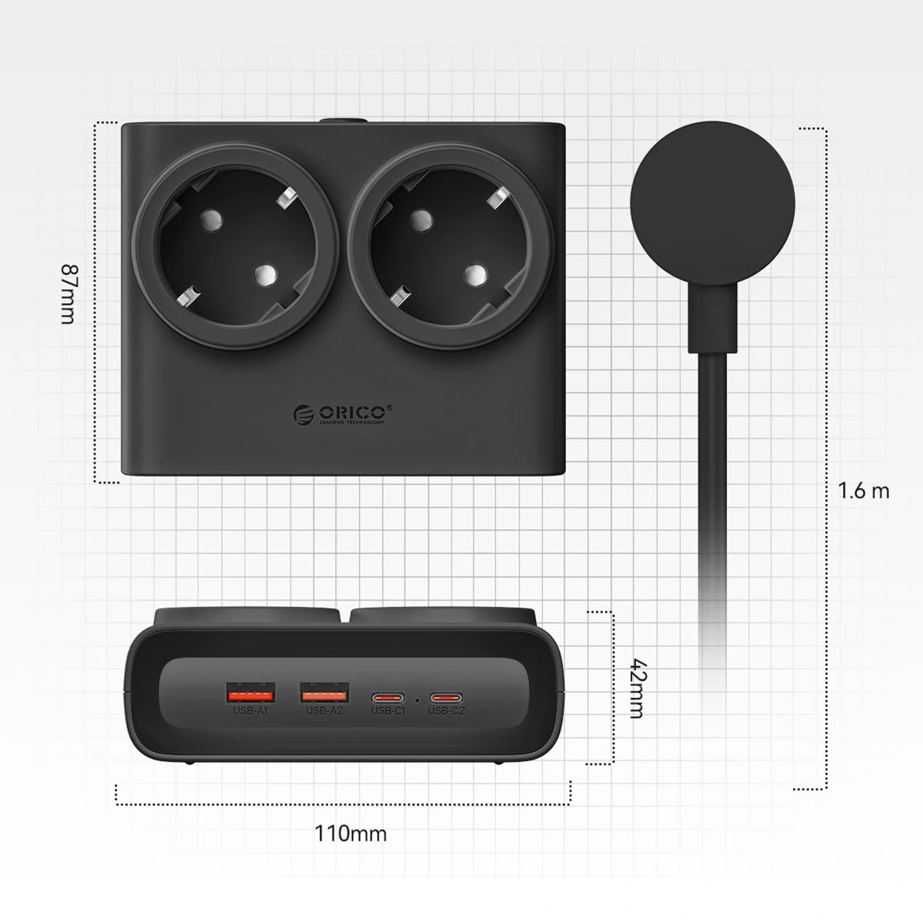 Προέκταση Orico PDC25, 2 x Schuko - 2 x USB-A - 2 x USB-C, Μαύρο