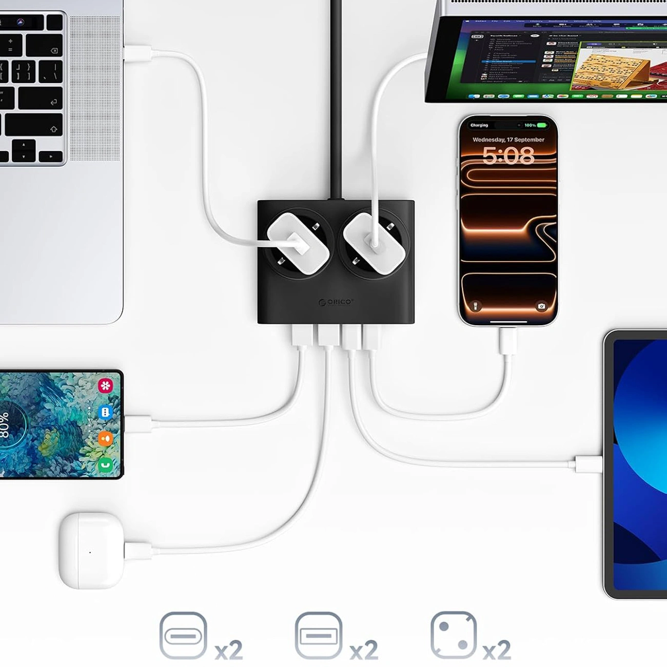 Προέκταση Orico PDC25, 2 x Schuko - 2 x USB-A - 2 x USB-C, Μαύρο