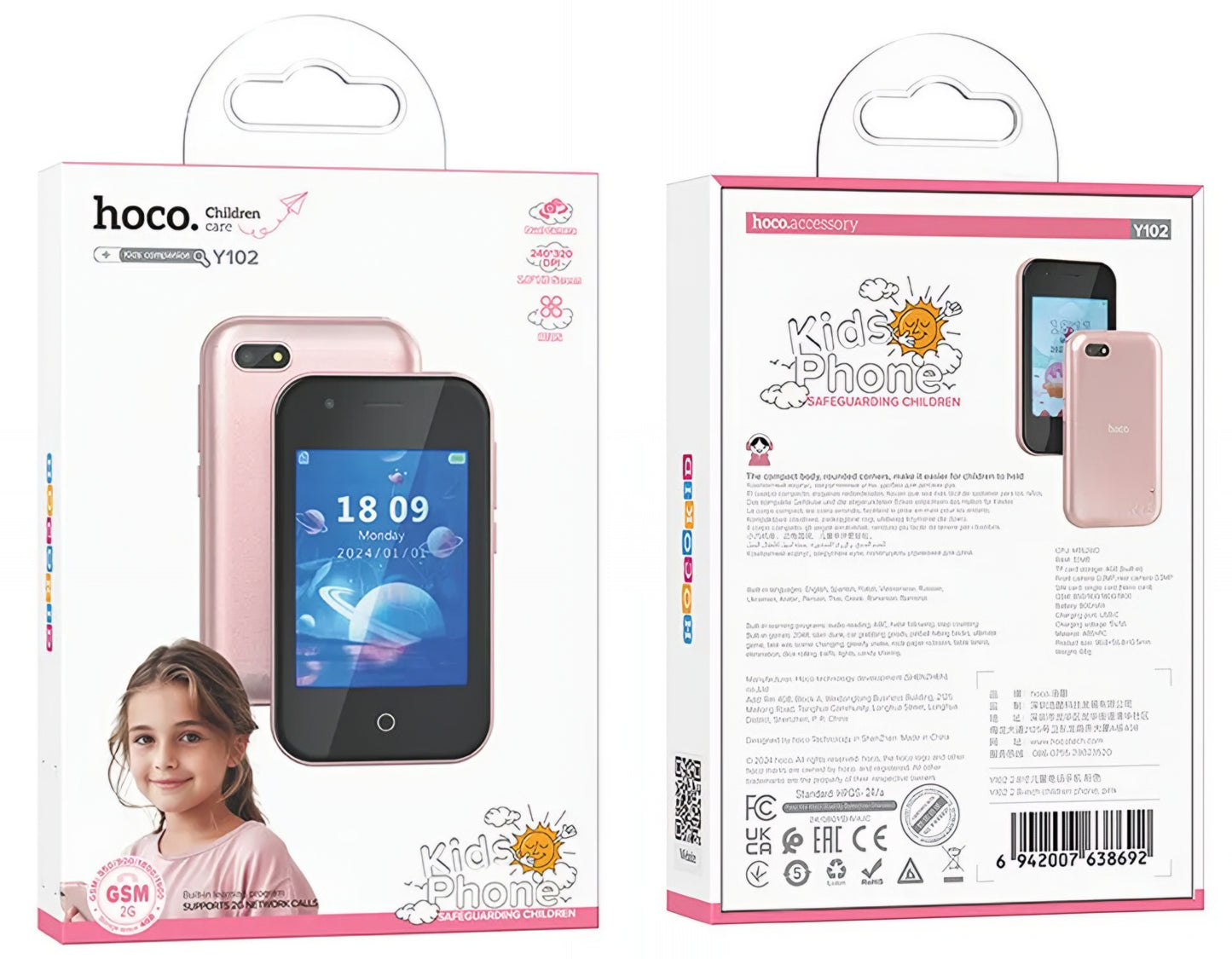 Κινητό Τηλέφωνο HOCO Y102 Kids, 2G, Οθόνη 2.8 ιντσών, Ροζ
